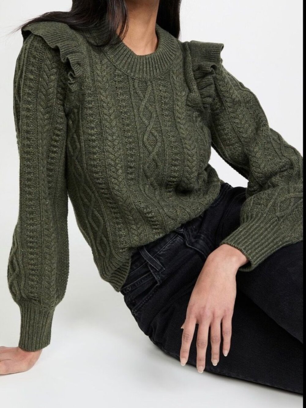 Madewell Hollydene Ruffle-Shoulder Pullover Sweater in Heathered Thyme